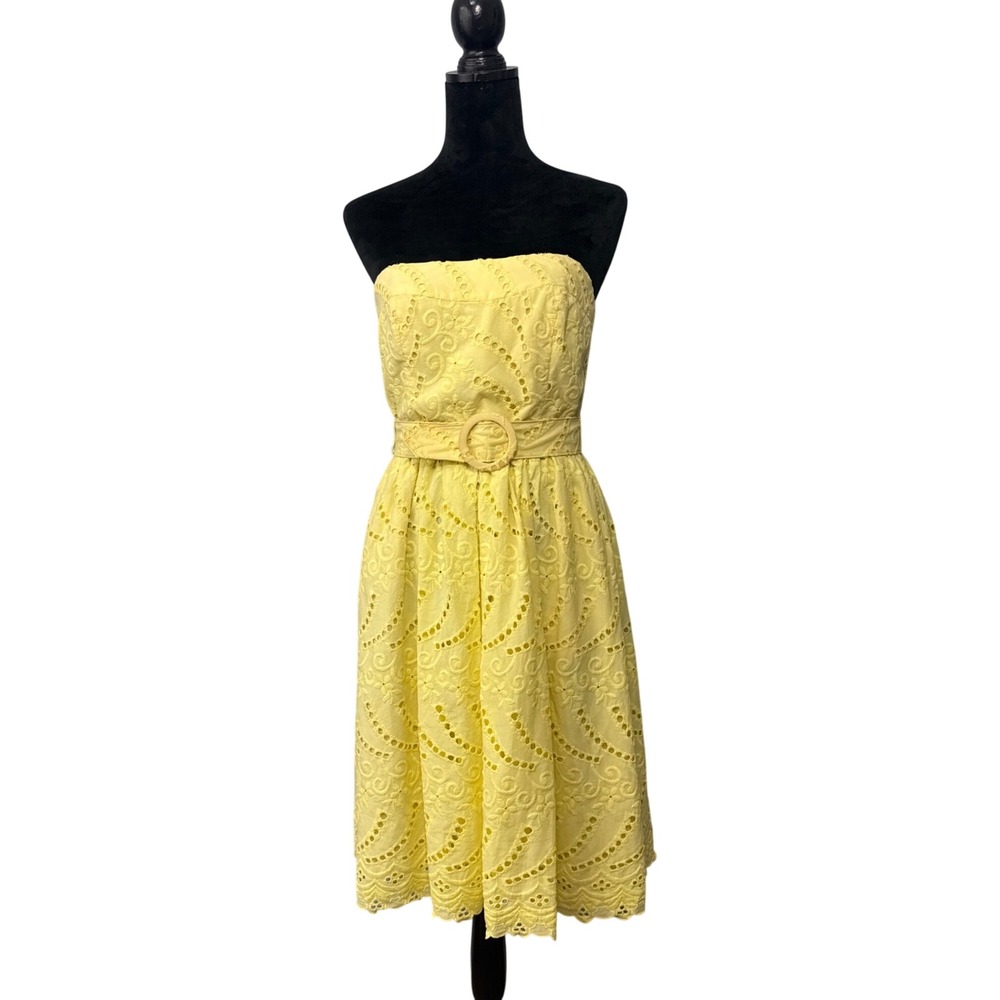 Madison Dress Womens 6 Yellow‎ Strapless Eyelet Belted Fit & Flare Sun Dress